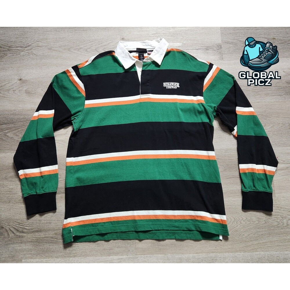 Netflix Stranger Things H & M Polo Shirt Green Striped Mens size Large